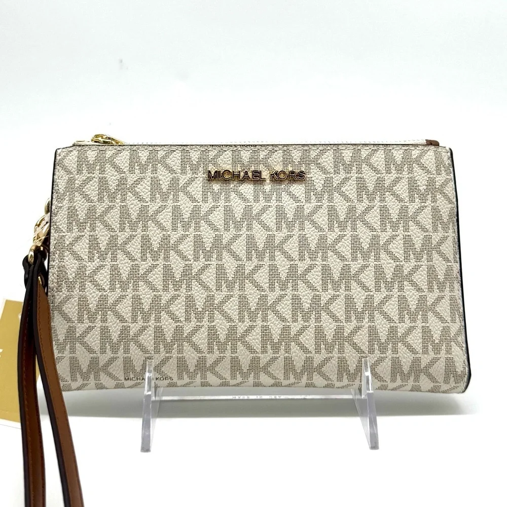 Michael Kors Large Jet Set Travel Signature Double Sip Wallet Wristlet - Vanilla